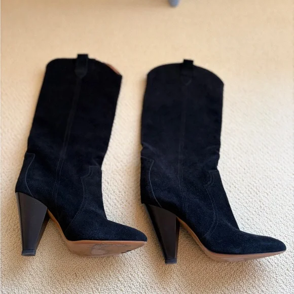 Isabel Marant Black Suede Pointed Toe Mid-Calf Heeled Boots - Picture 1 of 4